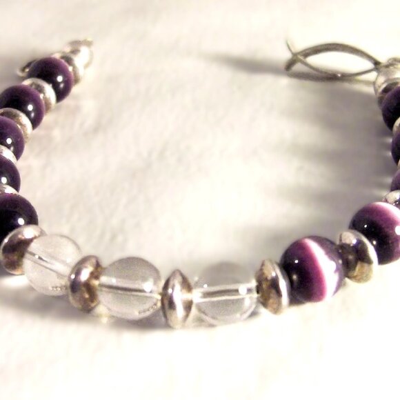 Sterling Silver Purple Cat’s Eye & Quartz Bead Bracelet 8 Inch - Picture 1 of 4